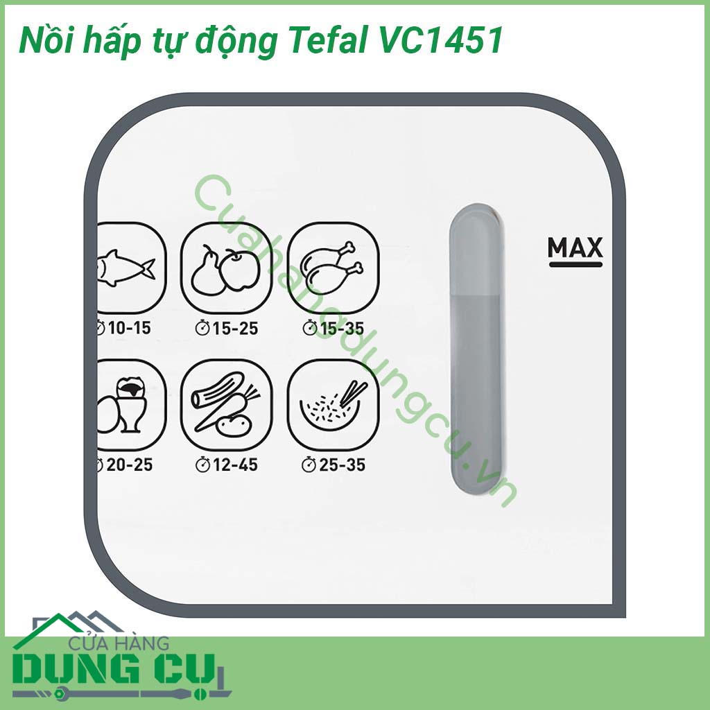 Nồi hấp tự động 2 tầng Tefal VC1451 thiết kế nhỏ gọn với 2 xửng hấp bằng thép không gỉ bền an toàn cho sức khỏe  với tổng dung tích 6 L đường kính 24cm có thể chứa lượng lớn thực phẩm cùng lúc  Các bộ phận của nồi hấp có thể tháo ròi và dễ dàng vệ sinh