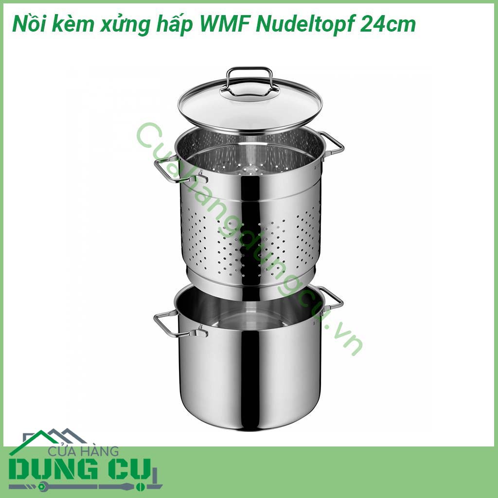 Nồi kèm xửng hấp WMF Nudeltopf 24cm được làm bằng thép không gỉ trông rất sang trọng và sáng bóng Nắp nồi được làm bằng thủy tinh chịu nhiệt tốt Đáy nồi có lớp kim loại đặc biệt hấp thụ nhiệt nhanh chóng