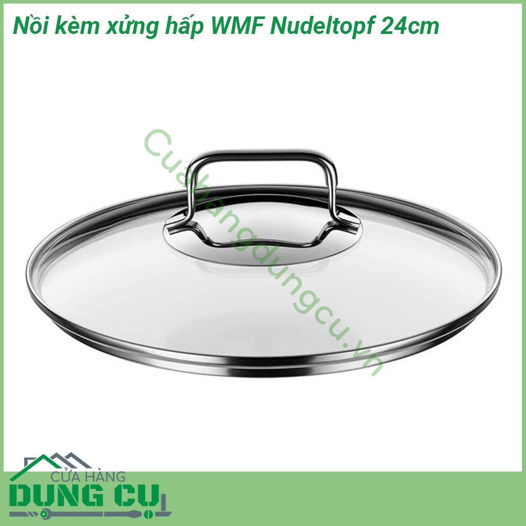 Nồi kèm xửng hấp WMF Nudeltopf 24cm được làm bằng thép không gỉ trông rất sang trọng và sáng bóng Nắp nồi được làm bằng thủy tinh chịu nhiệt tốt Đáy nồi có lớp kim loại đặc biệt hấp thụ nhiệt nhanh chóng