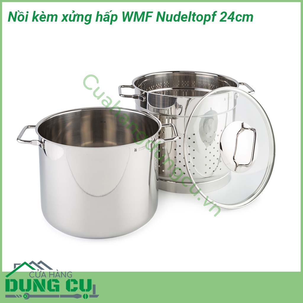 Nồi kèm xửng hấp WMF Nudeltopf 24cm được làm bằng thép không gỉ trông rất sang trọng và sáng bóng Nắp nồi được làm bằng thủy tinh chịu nhiệt tốt Đáy nồi có lớp kim loại đặc biệt hấp thụ nhiệt nhanh chóng