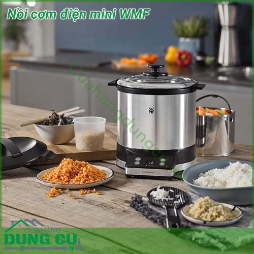 Nồi cơm điện mini đa năng WMF kích thước nhỏ gọn với dung tích là 1 lít  Chất liệu cao cấp an toàn tuyệt đối với sức khỏe người tiêu dùng  Lõi nồi chống dính cao cấp Vung nồi bằng thủy tinh trong suốt dễ quan sát trong lúc nấu ăn quai cầm cách nhiệt