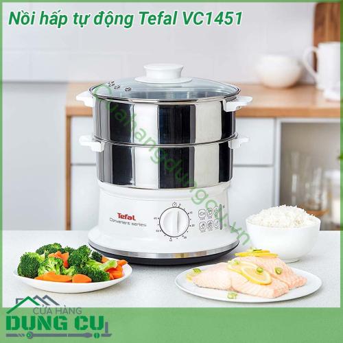 Nồi hấp tự động 2 tầng Tefal VC1451 thiết kế nhỏ gọn với 2 xửng hấp bằng thép không gỉ bền an toàn cho sức khỏe  với tổng dung tích 6 L đường kính 24cm có thể chứa lượng lớn thực phẩm cùng lúc  Các bộ phận của nồi hấp có thể tháo ròi và dễ dàng vệ sinh