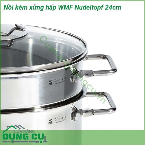 Nồi kèm xửng hấp WMF Nudeltopf 24cm được làm bằng thép không gỉ trông rất sang trọng và sáng bóng Nắp nồi được làm bằng thủy tinh chịu nhiệt tốt Đáy nồi có lớp kim loại đặc biệt hấp thụ nhiệt nhanh chóng