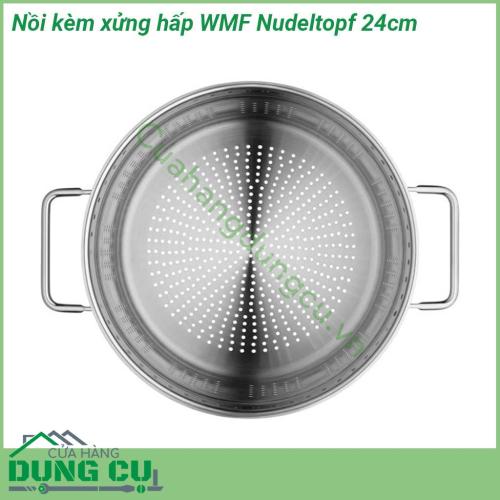 Nồi kèm xửng hấp WMF Nudeltopf 24cm được làm bằng thép không gỉ trông rất sang trọng và sáng bóng Nắp nồi được làm bằng thủy tinh chịu nhiệt tốt Đáy nồi có lớp kim loại đặc biệt hấp thụ nhiệt nhanh chóng