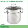 Nồi kèm xửng hấp WMF Nudeltopf 24cm được làm bằng thép không gỉ trông rất sang trọng và sáng bóng Nắp nồi được làm bằng thủy tinh chịu nhiệt tốt Đáy nồi có lớp kim loại đặc biệt hấp thụ nhiệt nhanh chóng