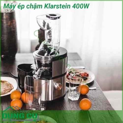 Máy ép chậm rau củ quả Klarstein 400W công suất lớn nhất với động cơ mạnh mẽ 400W hoạt động liên tục 120 phút tốc độ ép 60 vòng phút tạo ra ly nước ép hoàn hảo nhiều nước mà vẫn đảm bảo 99 vitamin và dưỡng chất