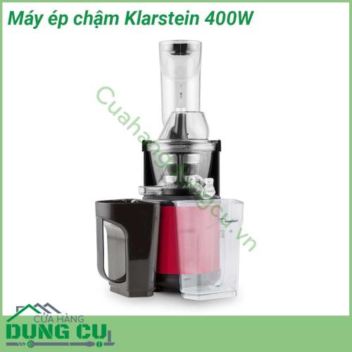 Máy ép chậm rau củ quả Klarstein 400W công suất lớn nhất với động cơ mạnh mẽ 400W hoạt động liên tục 120 phút tốc độ ép 60 vòng phút tạo ra ly nước ép hoàn hảo nhiều nước mà vẫn đảm bảo 99 vitamin và dưỡng chất