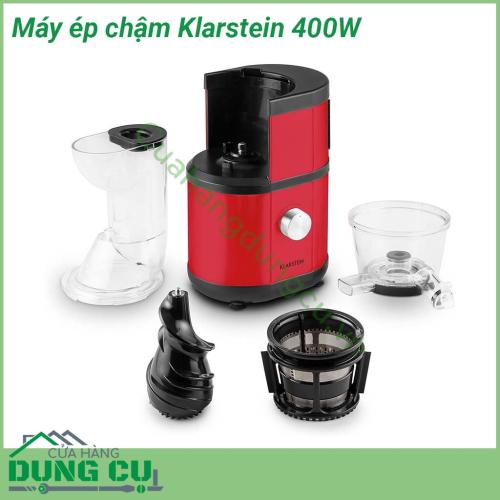 Máy ép chậm rau củ quả Klarstein 400W công suất lớn nhất với động cơ mạnh mẽ 400W hoạt động liên tục 120 phút tốc độ ép 60 vòng phút tạo ra ly nước ép hoàn hảo nhiều nước mà vẫn đảm bảo 99 vitamin và dưỡng chất