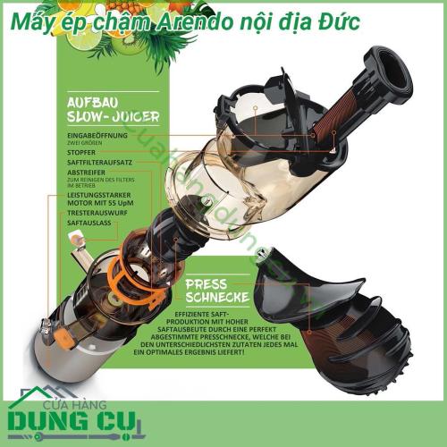 Máy ép chậm Arendo nội địa Đức với thiết kế cực đẹp các bộ phận được khớp với nhau một cách chắn chắn thân máy được làm từ kim loại cao cấp bình chứa và nắp được làm từ nhựa siêu bền Với 2 đầu cho củ quả vào 1 đầu nhỏ và 1 đầu lớn có nẫy khoá  