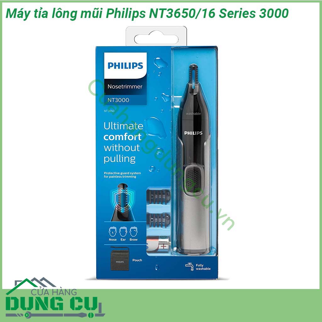 Máy tỉa lông tai và mũi Philips NT3650-16 3000 loại bỏ nhẹ nhàng những sợi lông mũi và tai Máy tỉa có các cạnh được thiết kế đặc biệt sử dụng công nghệ ProtecTube mang đến trải nghiệm cắt tỉa nhanh chóng dễ dàng thoải mái