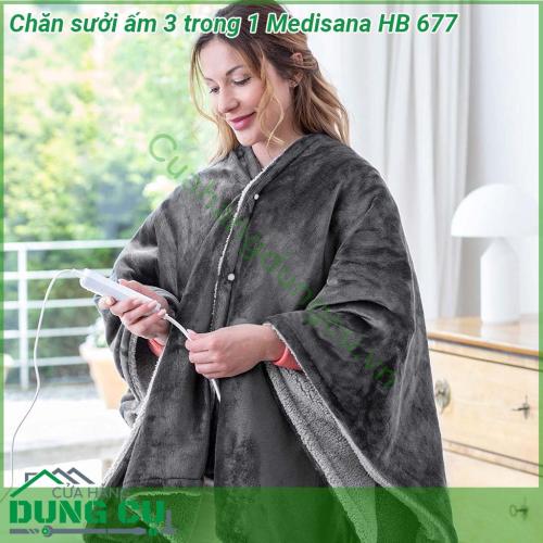 Chăn sưởi ấm 3 trong 1 Medisana HB 677 được làm từ chất liệu lông cừu mềm mại dễ chịu đảm bảo sự thoải mái và ấm áp  Thiết kế hiện đại đơn giản với hai tông màu xám-trắng có thể đảo ngược