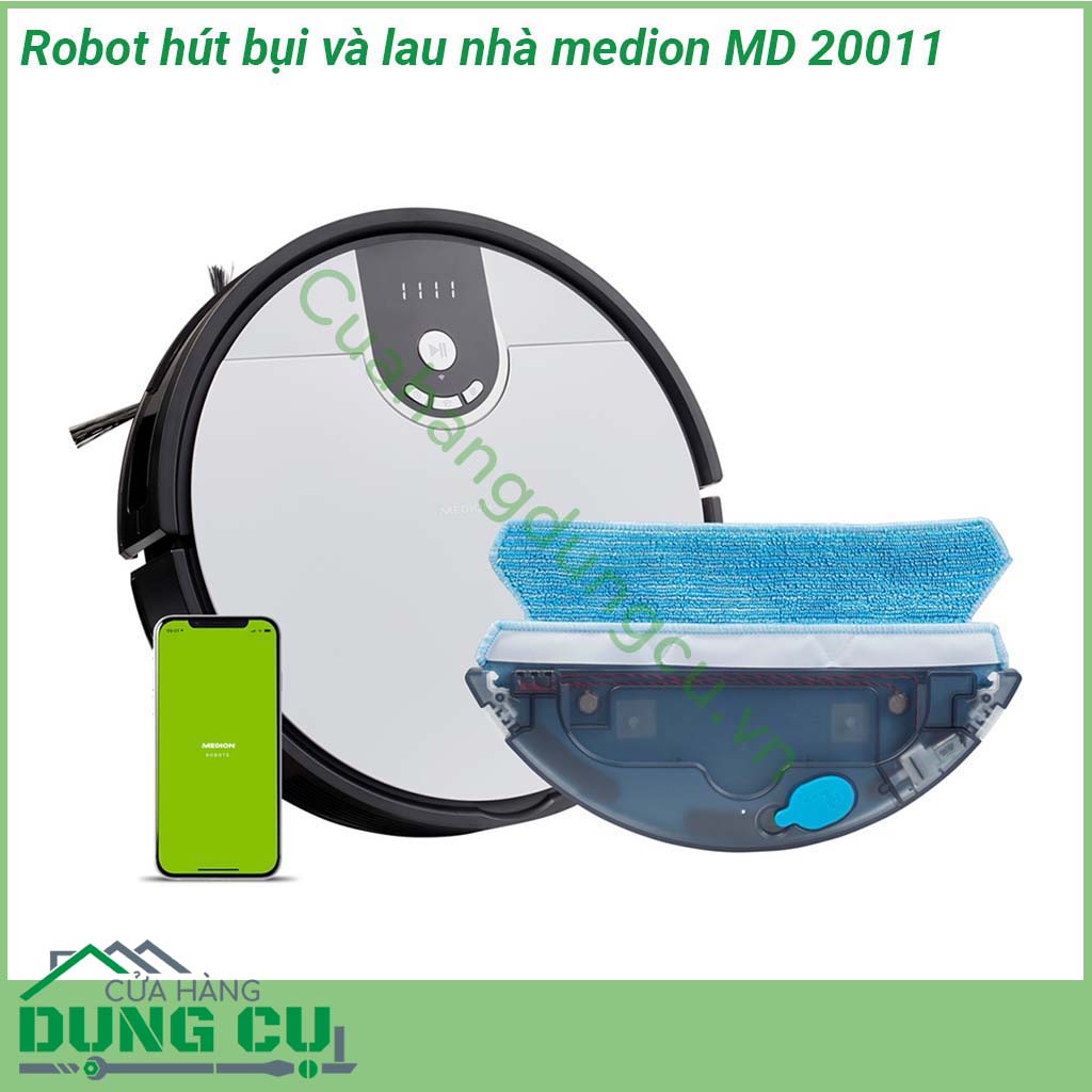 Robot hút bụi và lau nhà Medion MD20011 thiết kế nhỏ gọn kiểu dáng hiện đại Tính năng điều khiển bằng giọng nói thông minh có thể điều khiển từ xa thông qua ứng dụng nếu được yêu cầu đảm bảo độ sạch hoàn hảo nhanh chóng ngay cả khi có nhiều bụi bẩn