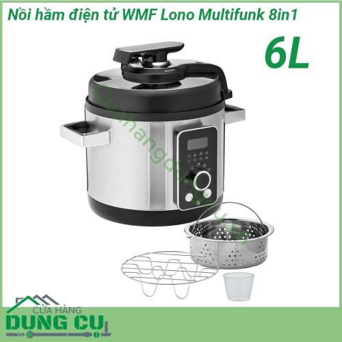 Nồi áp suất điện WMF LONO 8 trong 1 6L thiết kế hiện đại với chất liệu lòng nồi được làm từ hợp kim dày siêu bền phủ lớp chống dính cao cấp không PFOA giúp cho thức ăn không bám lại nồi không chứa chất gây ung thư thuận tiện vệ sinh và bảo quản