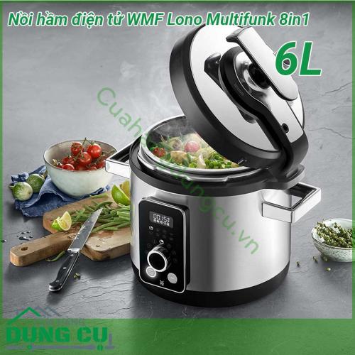 Nồi áp suất điện WMF LONO 8 trong 1 6L thiết kế hiện đại với chất liệu lòng nồi được làm từ hợp kim dày siêu bền phủ lớp chống dính cao cấp không PFOA giúp cho thức ăn không bám lại nồi không chứa chất gây ung thư thuận tiện vệ sinh và bảo quản