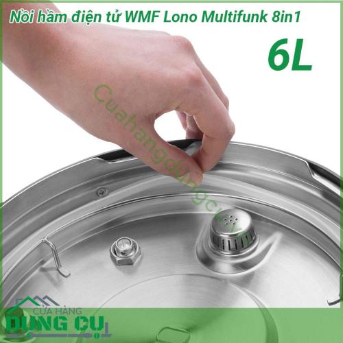 Nồi áp suất điện WMF LONO 8 trong 1 6L thiết kế hiện đại với chất liệu lòng nồi được làm từ hợp kim dày siêu bền phủ lớp chống dính cao cấp không PFOA giúp cho thức ăn không bám lại nồi không chứa chất gây ung thư thuận tiện vệ sinh và bảo quản