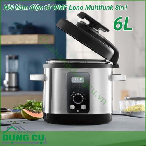 Nồi áp suất điện WMF LONO 8 trong 1 6L thiết kế hiện đại với chất liệu lòng nồi được làm từ hợp kim dày siêu bền phủ lớp chống dính cao cấp không PFOA giúp cho thức ăn không bám lại nồi không chứa chất gây ung thư thuận tiện vệ sinh và bảo quản