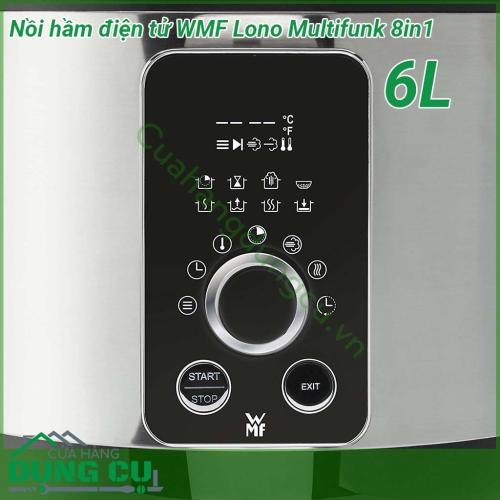 Nồi áp suất điện WMF LONO 8 trong 1 6L thiết kế hiện đại với chất liệu lòng nồi được làm từ hợp kim dày siêu bền phủ lớp chống dính cao cấp không PFOA giúp cho thức ăn không bám lại nồi không chứa chất gây ung thư thuận tiện vệ sinh và bảo quản