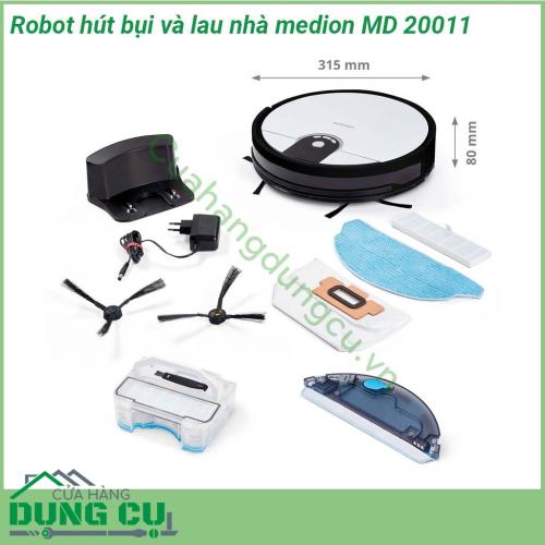 Robot hút bụi và lau nhà Medion MD20011 thiết kế nhỏ gọn kiểu dáng hiện đại Tính năng điều khiển bằng giọng nói thông minh có thể điều khiển từ xa thông qua ứng dụng nếu được yêu cầu đảm bảo độ sạch hoàn hảo nhanh chóng ngay cả khi có nhiều bụi bẩn