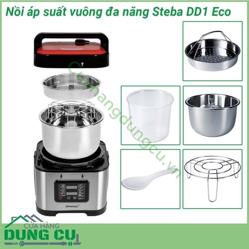 Nồi áp suất điện vuông Steba DD1 ECO được làm từ chất liệu hợp kim không gỉ cao cấp với dung tích lên đến 5L cùng khả năng đun nấu chóng vánh là sự lựa chọn vô cùng thích hợp những khi cần nấu nướng đông người