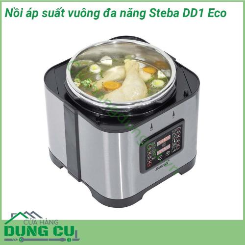 Nồi áp suất điện vuông Steba DD1 ECO được làm từ chất liệu hợp kim không gỉ cao cấp với dung tích lên đến 5L cùng khả năng đun nấu chóng vánh là sự lựa chọn vô cùng thích hợp những khi cần nấu nướng đông người