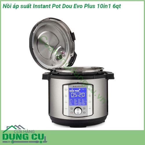 Nồi áp suất Instant Pot Dou Evo Plus 10in1 6qt được làm bằng chất liệu thép không gỉ cao cấp an toàn tuyệt đối với thực phẩm Một chiếc nồi có 3 phần nắp nồi với đáy ba lớp giá đỡ có tay cầm Các phụ kiện này có thể tháo lắp và vệ sinh dễ dàng