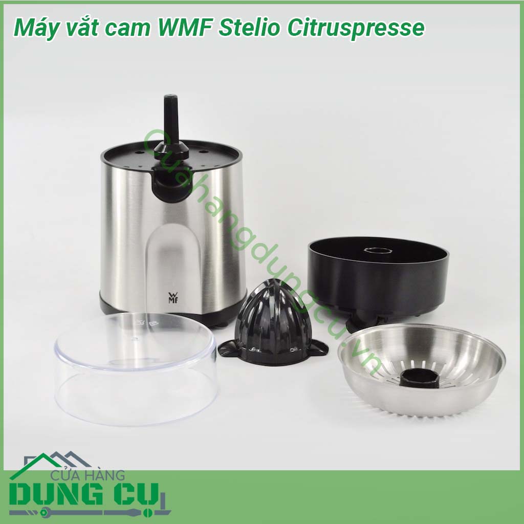 Máy vắt cam WMF Stelio Citruspresse sở hữu thiết kế nhỏ gọn màu sắc trang nhã công suất 85W hoạt động êm ái và nhẹ nhàng  Thân máy được làm bằng inox chắc chắn sáng bóng dễ lau chùi và chịu va chạm tốt  