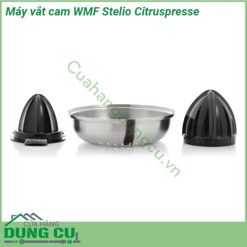 Máy vắt cam WMF Stelio Citruspresse sở hữu thiết kế nhỏ gọn màu sắc trang nhã công suất 85W hoạt động êm ái và nhẹ nhàng  Thân máy được làm bằng inox chắc chắn sáng bóng dễ lau chùi và chịu va chạm tốt  