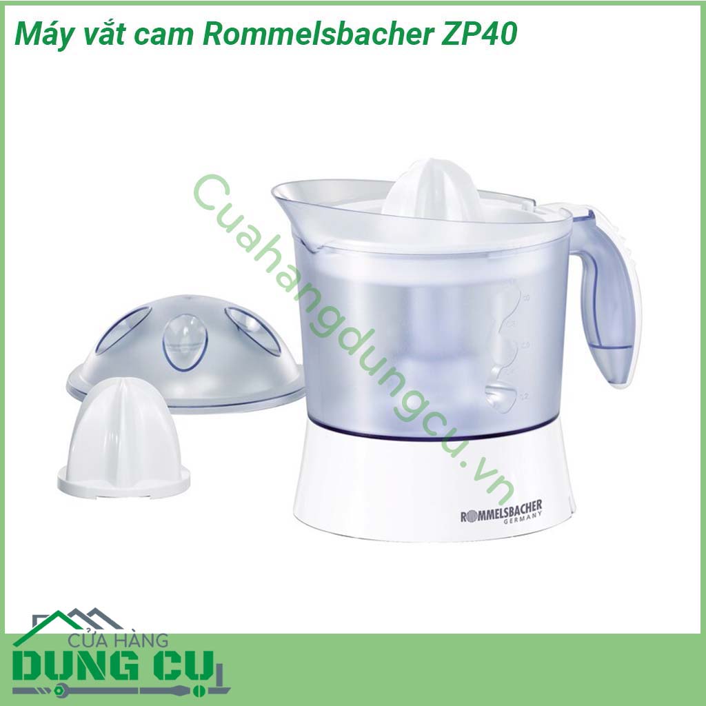 Máy vắt cam Rommelsbacher ZP40 dễ dàng sử dụng  động cơ vận hành êm ái  Dễ dàng bật tắt thông qua nút nhấn dễ dàng Thuận tiện khay làm bằng thép không gỉ dễ dàng làm sạch  Có nắp xoay trái phải để có thể đổ nước ép ra một cách dễ dàng và hiệu quả