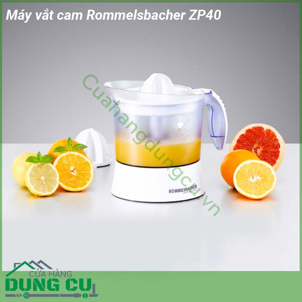 Máy vắt cam Rommelsbacher ZP40 dễ dàng sử dụng  động cơ vận hành êm ái  Dễ dàng bật tắt thông qua nút nhấn dễ dàng Thuận tiện khay làm bằng thép không gỉ dễ dàng làm sạch  Có nắp xoay trái phải để có thể đổ nước ép ra một cách dễ dàng và hiệu quả