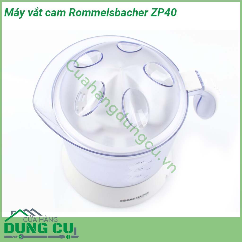 Máy vắt cam Rommelsbacher ZP40 dễ dàng sử dụng  động cơ vận hành êm ái  Dễ dàng bật tắt thông qua nút nhấn dễ dàng Thuận tiện khay làm bằng thép không gỉ dễ dàng làm sạch  Có nắp xoay trái phải để có thể đổ nước ép ra một cách dễ dàng và hiệu quả