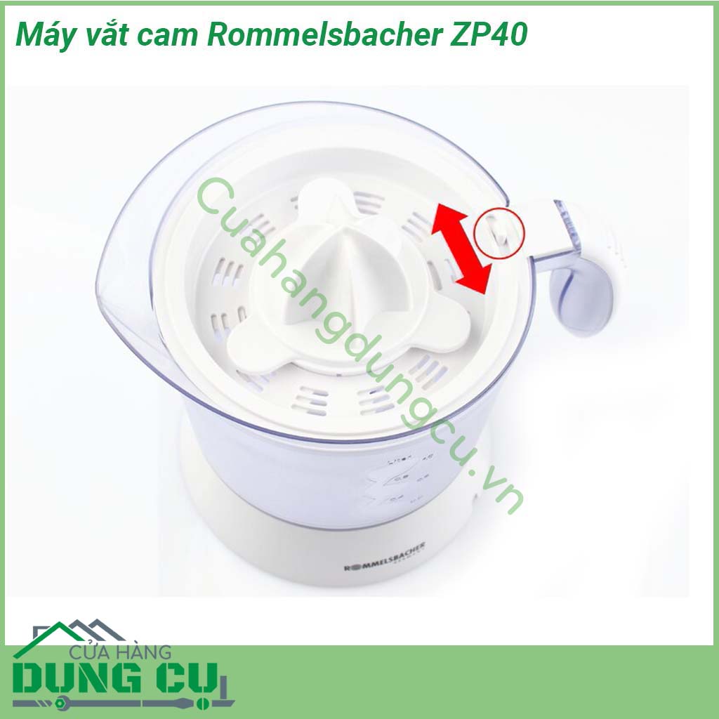 Máy vắt cam Rommelsbacher ZP40 dễ dàng sử dụng  động cơ vận hành êm ái  Dễ dàng bật tắt thông qua nút nhấn dễ dàng Thuận tiện khay làm bằng thép không gỉ dễ dàng làm sạch  Có nắp xoay trái phải để có thể đổ nước ép ra một cách dễ dàng và hiệu quả