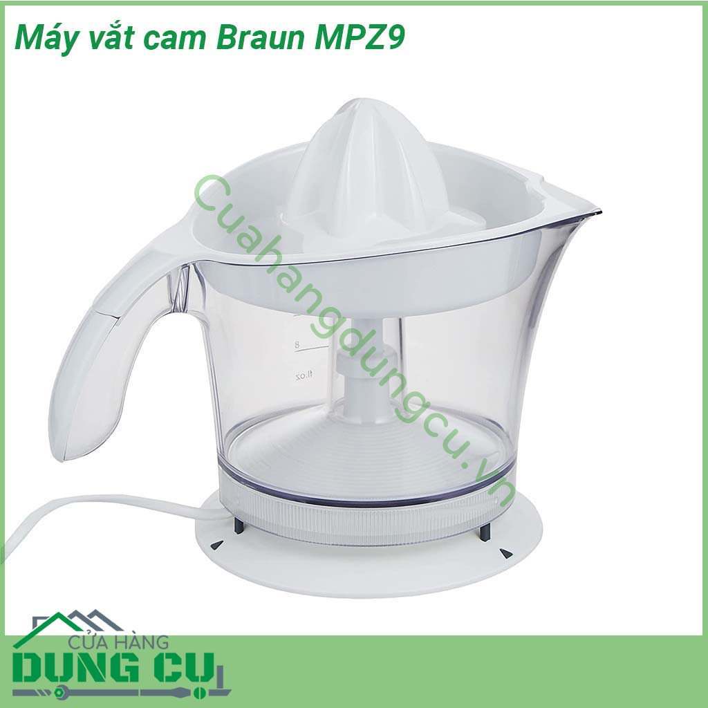 Máy vắt cam siêu nhanh Braun MPZ9 có kiểu dáng nhỏ gọn tiện dụng cùng màu trắng tinh tế đẹp mắt mang đến vẻ đẹp hiện đại cho không gian nhà bếp  Máy được thiết kế có hệ thống lọc hạt  nên sau khi vắt cam bạn có thể sử dụng ngay 