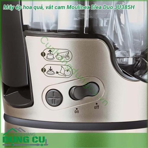 Máy ép hoa quả và vắt cam Moulinex Elea Duo JU385H có thiết kế nhỏ gọn  Chất liệu thép không gỉ cao cấp  Chân đế của máy chống trượt giúp máy đứng vững không bị rung lắc khi ép Vòi chống nhỏ giọt giúp ngăn nước ép chảy xuống bếp đảm bảo vệ sinh hơn