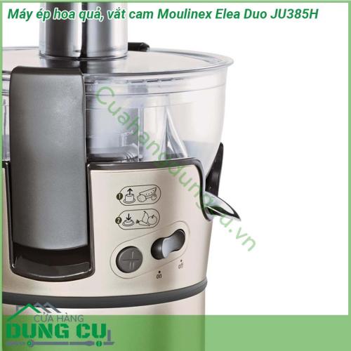 Máy ép hoa quả và vắt cam Moulinex Elea Duo JU385H có thiết kế nhỏ gọn  Chất liệu thép không gỉ cao cấp  Chân đế của máy chống trượt giúp máy đứng vững không bị rung lắc khi ép Vòi chống nhỏ giọt giúp ngăn nước ép chảy xuống bếp đảm bảo vệ sinh hơn