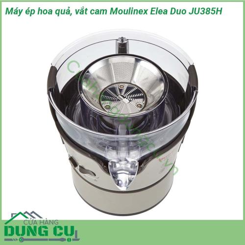 Máy ép hoa quả và vắt cam Moulinex Elea Duo JU385H có thiết kế nhỏ gọn  Chất liệu thép không gỉ cao cấp  Chân đế của máy chống trượt giúp máy đứng vững không bị rung lắc khi ép Vòi chống nhỏ giọt giúp ngăn nước ép chảy xuống bếp đảm bảo vệ sinh hơn