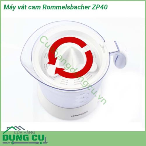 Máy vắt cam Rommelsbacher ZP40 dễ dàng sử dụng  động cơ vận hành êm ái  Dễ dàng bật tắt thông qua nút nhấn dễ dàng Thuận tiện khay làm bằng thép không gỉ dễ dàng làm sạch  Có nắp xoay trái phải để có thể đổ nước ép ra một cách dễ dàng và hiệu quả