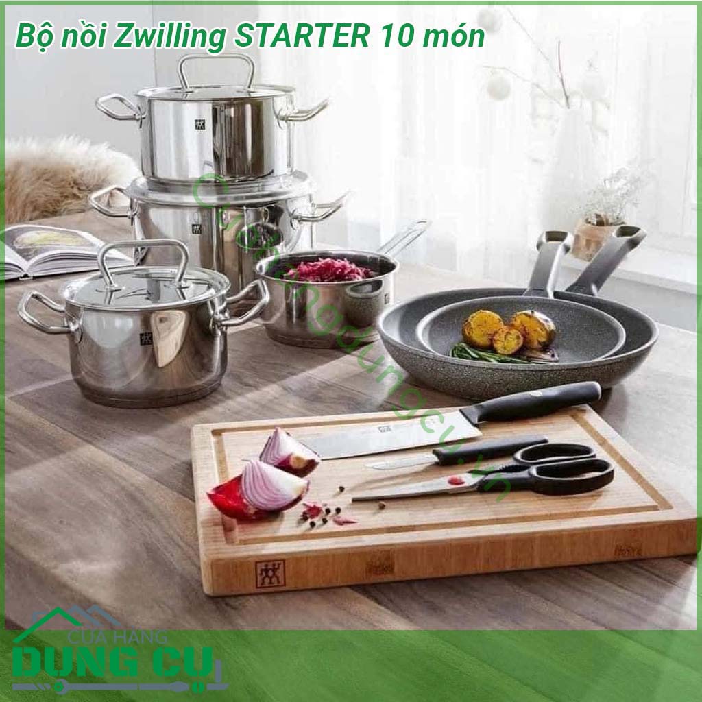 Bộ nồi Zwilling STARTER 10 món bao gồm nồi chảo thớt dụng cụ nhà bếp khác dao kéo nạo vỏ Các sản phẩm được làm từ chất liệu cao cấp an toàn độ bền cao cho người sử dụng  