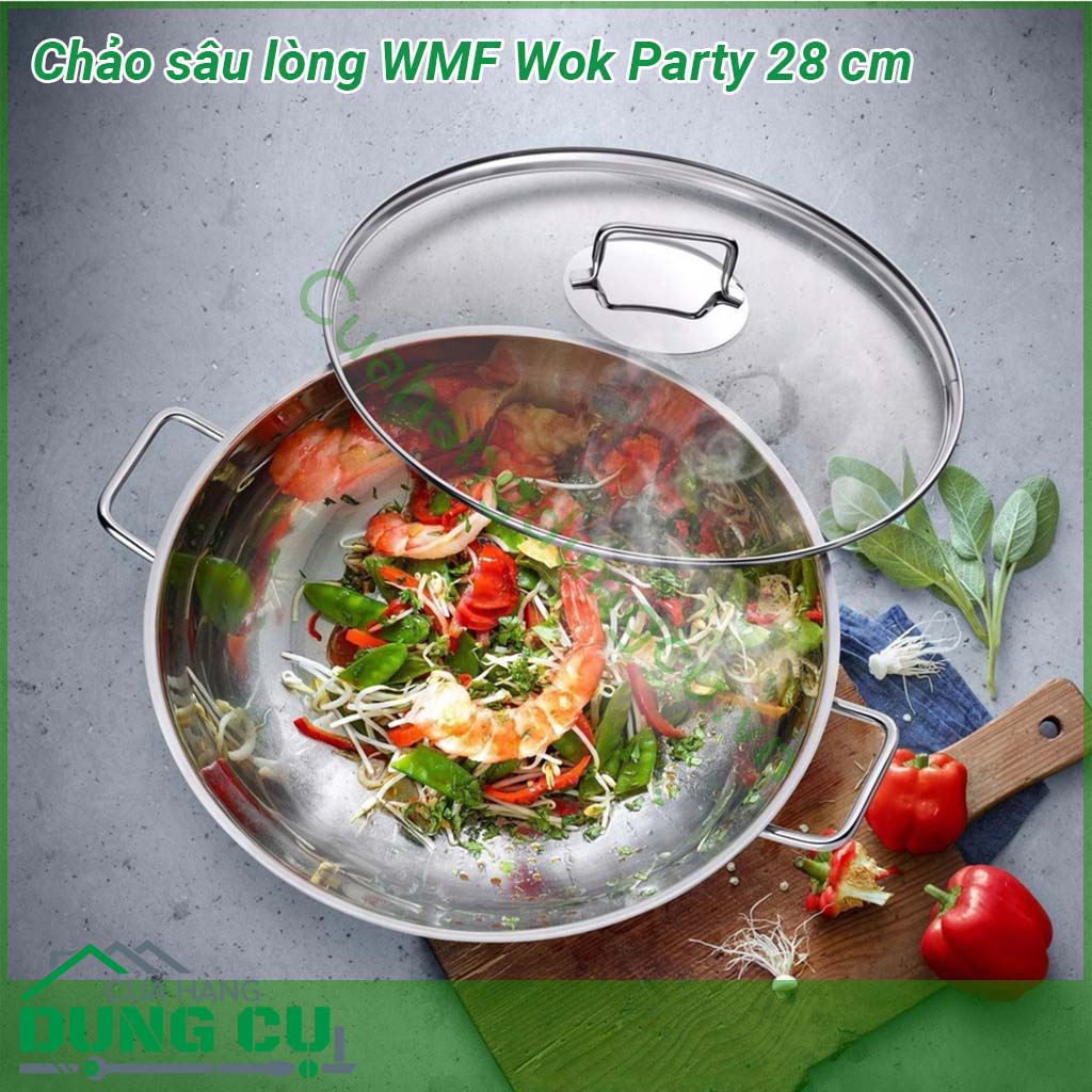 Chảo sâu lòng WMF Wok Party 28 cm được sử dụng chất liệu thép ko gỉ 18 10 ko bị ăn mòn và an toàn sức khỏe của người sử dụng  Nắp của chảo được làm bằng thủy tinh trong suốt dễ dàng quan sát khi nấu  Tay cầm cách nhiệt thuận tiện và an toàn cho người dùng