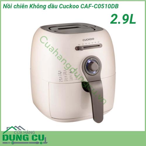 Nồi chiên không dầu Cuckoo CAF-C0510DB 2 9L màu sắc nhã nhặn kiểu dáng bắt mắt  Chất liệu vỏ ngoài bằng nhựa cao cấp kết hợp với công nghệ cool touch cách nhiệt chống nóng vô cùng an toàn  Lòng nồi được phủ lớp chống dính dễ dàng vệ sinh sau khi nấu  