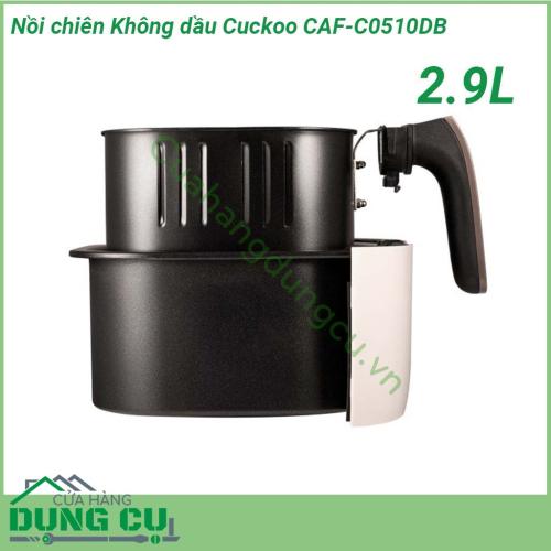 Nồi chiên không dầu Cuckoo CAF-C0510DB 2 9L màu sắc nhã nhặn kiểu dáng bắt mắt  Chất liệu vỏ ngoài bằng nhựa cao cấp kết hợp với công nghệ cool touch cách nhiệt chống nóng vô cùng an toàn  Lòng nồi được phủ lớp chống dính dễ dàng vệ sinh sau khi nấu  