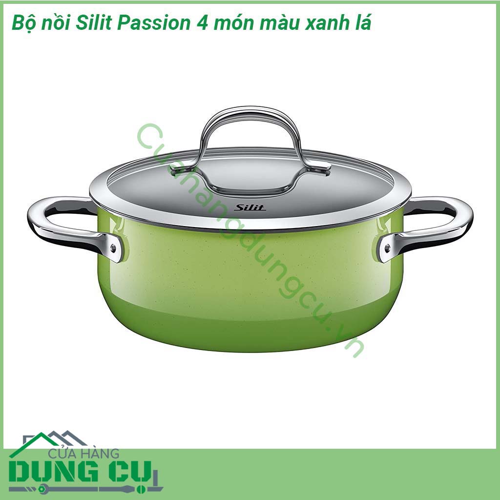 Bộ nồi Silit Passion 4 món màu xanh lá chất liệu bền bỉ Màu sắc tuyệt đẹp làm sáng bừng căn bếp Quai nồi cách nhiệt và có thể sử dụng trong lò nướng Nắp kính trong suốt Đáy 3 lớp hiện đại Thích ứng với mọi loại bếp