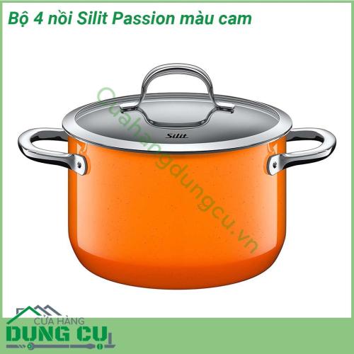 Bộ 4 nồi Silit Passion màu cam chất liệu bền bỉ Màu sắc tuyệt đẹp làm sáng bừng căn bếp Quai nồi cách nhiệt và có thể sử dụng trong lò nướng Nắp kính trong suốt Đáy 3 lớp hiện đại Thích ứng với mọi loại bếp