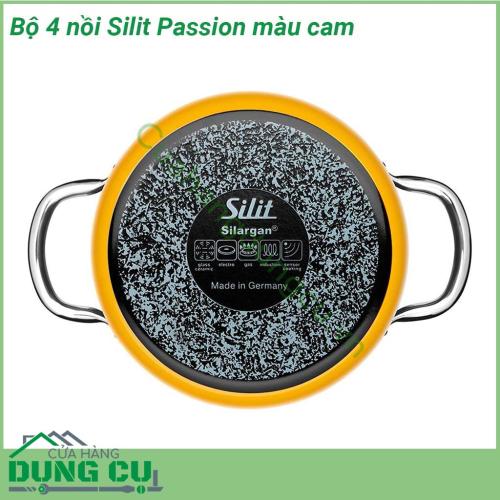 Bộ 4 nồi Silit Passion màu cam chất liệu bền bỉ Màu sắc tuyệt đẹp làm sáng bừng căn bếp Quai nồi cách nhiệt và có thể sử dụng trong lò nướng Nắp kính trong suốt Đáy 3 lớp hiện đại Thích ứng với mọi loại bếp