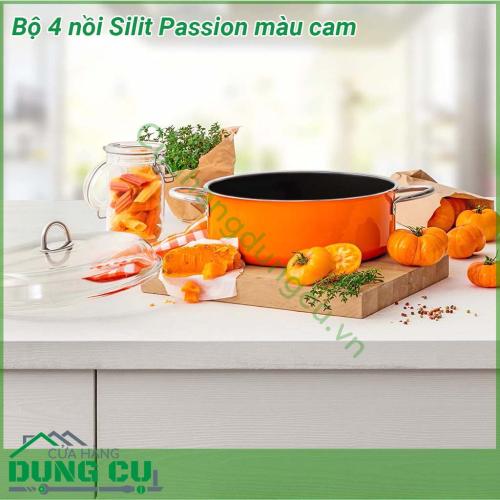 Bộ 4 nồi Silit Passion màu cam chất liệu bền bỉ Màu sắc tuyệt đẹp làm sáng bừng căn bếp Quai nồi cách nhiệt và có thể sử dụng trong lò nướng Nắp kính trong suốt Đáy 3 lớp hiện đại Thích ứng với mọi loại bếp