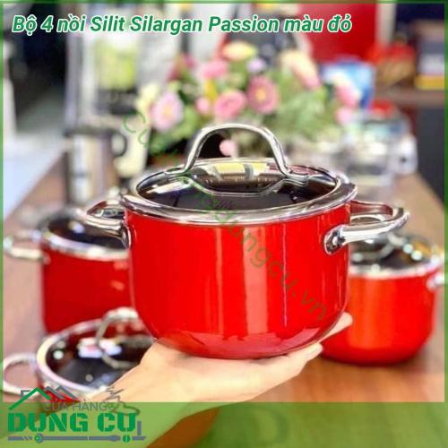 Bộ 4 nồi Silit Silargan Passion màu đỏ được làm từ chất liệu Silargan N67 cao cấp độc quyền của Silit  Thân nồi cực dày giữ nhiệt tốt  Quai cầm được thiết kế bằng chất liệu thép cách nhiệt rất an toàn  Bề mặt sáng bóng và siêu bền chống xước