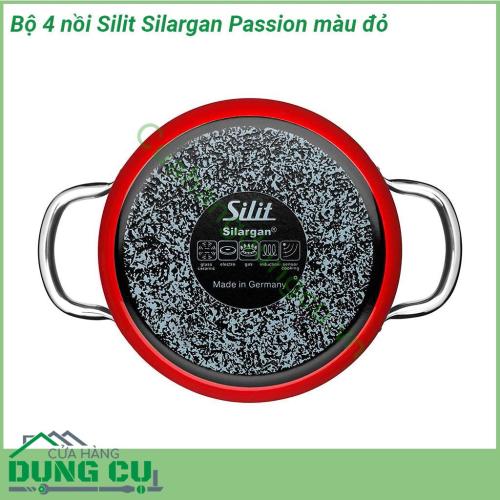 Bộ 4 nồi Silit Silargan Passion màu đỏ được làm từ chất liệu Silargan N67 cao cấp độc quyền của Silit  Thân nồi cực dày giữ nhiệt tốt  Quai cầm được thiết kế bằng chất liệu thép cách nhiệt rất an toàn  Bề mặt sáng bóng và siêu bền chống xước