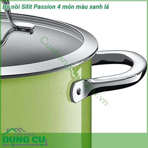 Bộ nồi Silit Passion 4 món màu xanh lá chất liệu bền bỉ Màu sắc tuyệt đẹp làm sáng bừng căn bếp Quai nồi cách nhiệt và có thể sử dụng trong lò nướng Nắp kính trong suốt Đáy 3 lớp hiện đại Thích ứng với mọi loại bếp