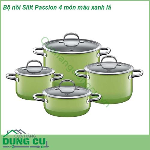 Bộ nồi Silit Passion 4 món màu xanh lá chất liệu bền bỉ Màu sắc tuyệt đẹp làm sáng bừng căn bếp Quai nồi cách nhiệt và có thể sử dụng trong lò nướng Nắp kính trong suốt Đáy 3 lớp hiện đại Thích ứng với mọi loại bếp