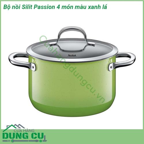 Bộ nồi Silit Passion 4 món màu xanh lá chất liệu bền bỉ Màu sắc tuyệt đẹp làm sáng bừng căn bếp Quai nồi cách nhiệt và có thể sử dụng trong lò nướng Nắp kính trong suốt Đáy 3 lớp hiện đại Thích ứng với mọi loại bếp