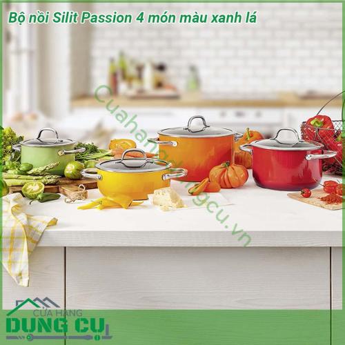 Bộ nồi Silit Passion 4 món màu xanh lá chất liệu bền bỉ Màu sắc tuyệt đẹp làm sáng bừng căn bếp Quai nồi cách nhiệt và có thể sử dụng trong lò nướng Nắp kính trong suốt Đáy 3 lớp hiện đại Thích ứng với mọi loại bếp